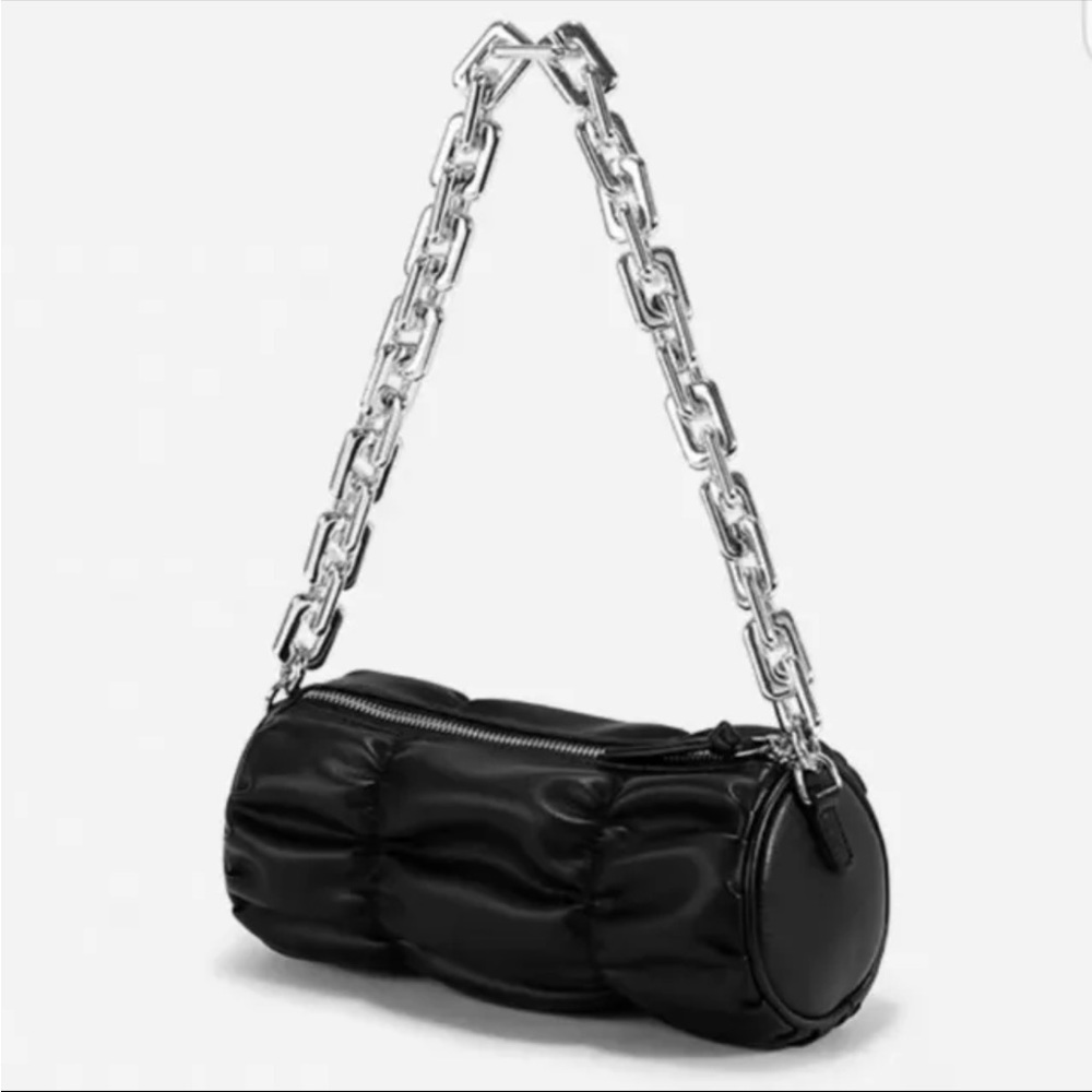AZA Micro Kingpin Black Gathered Barrel Bag Round Log Crossbody Chain Purse